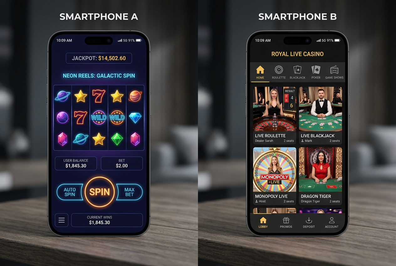 Porównanie interfejsów dwóch aplikacji mobilnych z różnymi schematami kolorystycznymi i układami UX