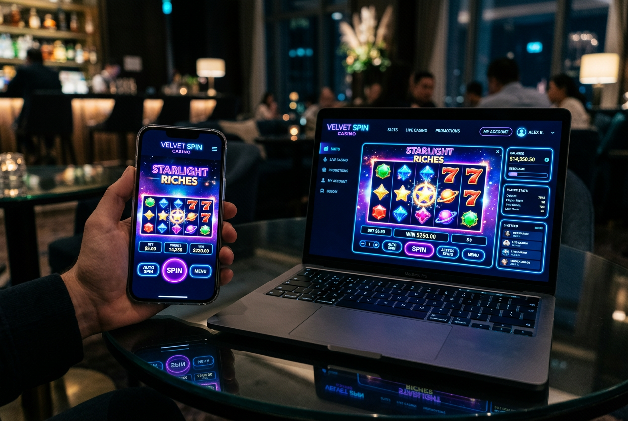 Nowoczesny interfejs gier kasynowych na różnych urządzeniach mobilnych i laptopach