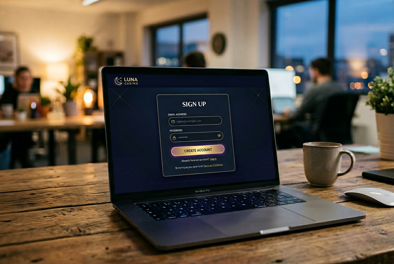 Nowoczesny minimalistyczny interfejs kasyna online w trybie ciemnym z formularzem rejestracji jednym kliknięciem
