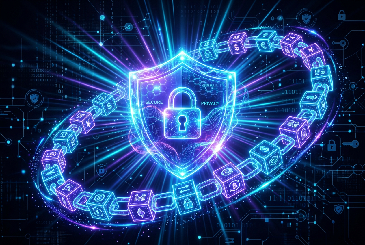 Abstrakcyjna wizualizacja bezpiecznych płatności cyfrowych i technologii blockchain w ciemnej kolorystyce