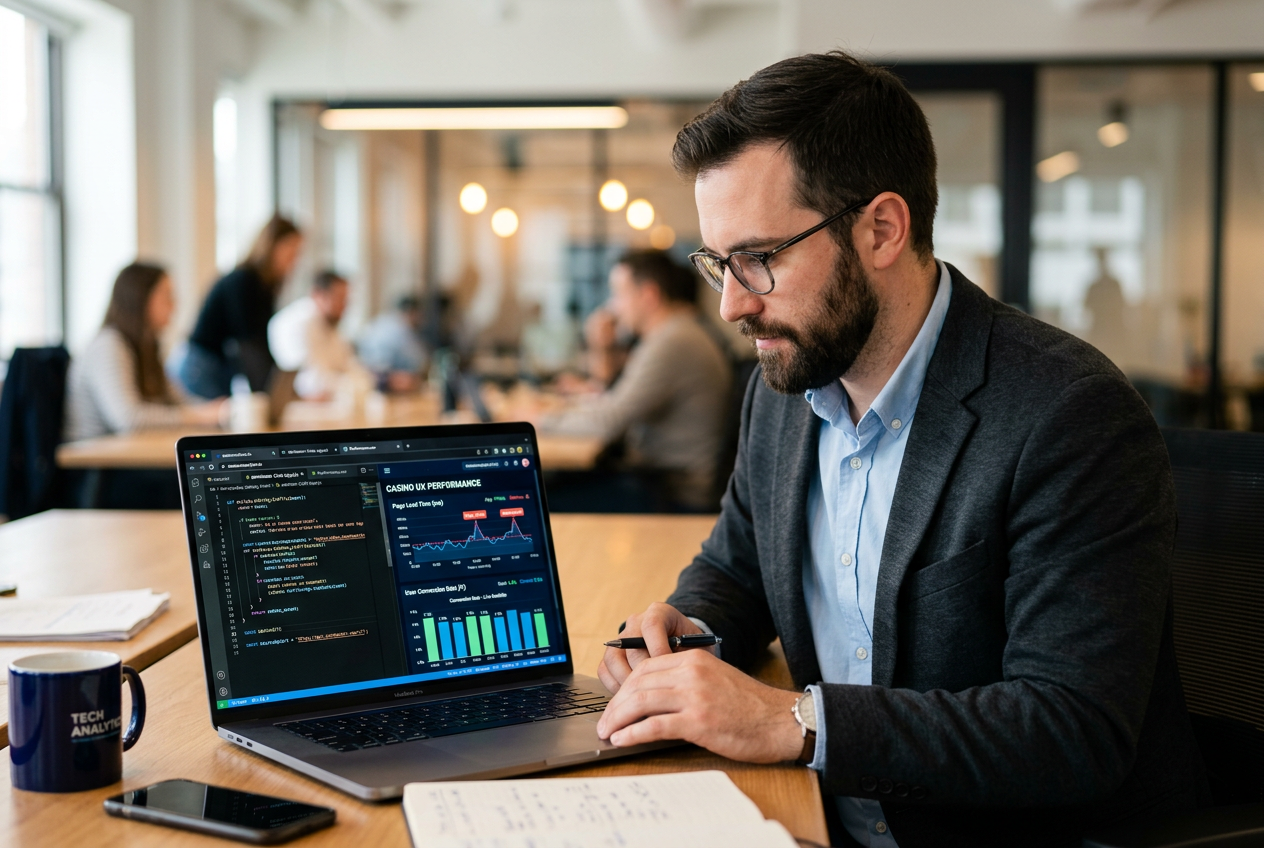 Ekspert analizujący kod strony kasyna na laptopie w nowoczesnym biurze
