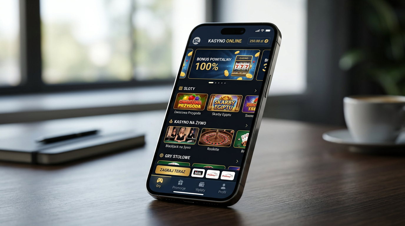 Nowoczesny smartfon z interfejsem aplikacji kasynowej w technologii 2026