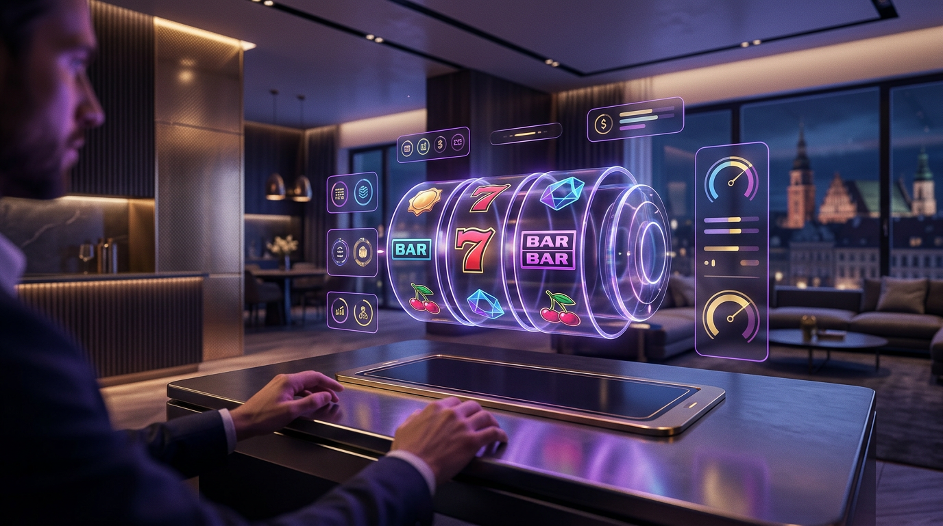Nowoczesny interfejs kasyna online z automatami i neonowym oświetleniem