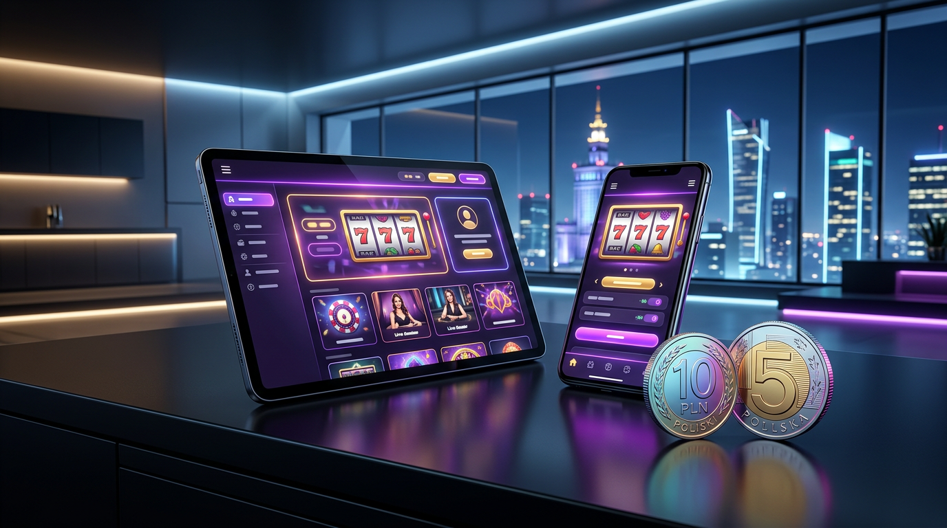 Nowoczesne urządzenia mobilne wyświetlające interfejs kasyna online z polskimi monetami na pierwszym planie.