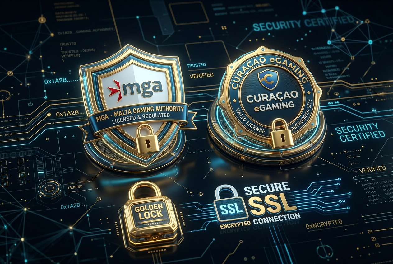 Profesjonalna wizualizacja pieczęci licencyjnych MGA i Curacao na bezpiecznym tle