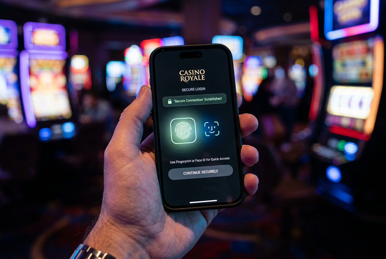 Zbliżenie na ekran smartfona z nowoczesnym, ciemnym interfejsem aplikacji kasynowej i aktywną autoryzacją biometryczną