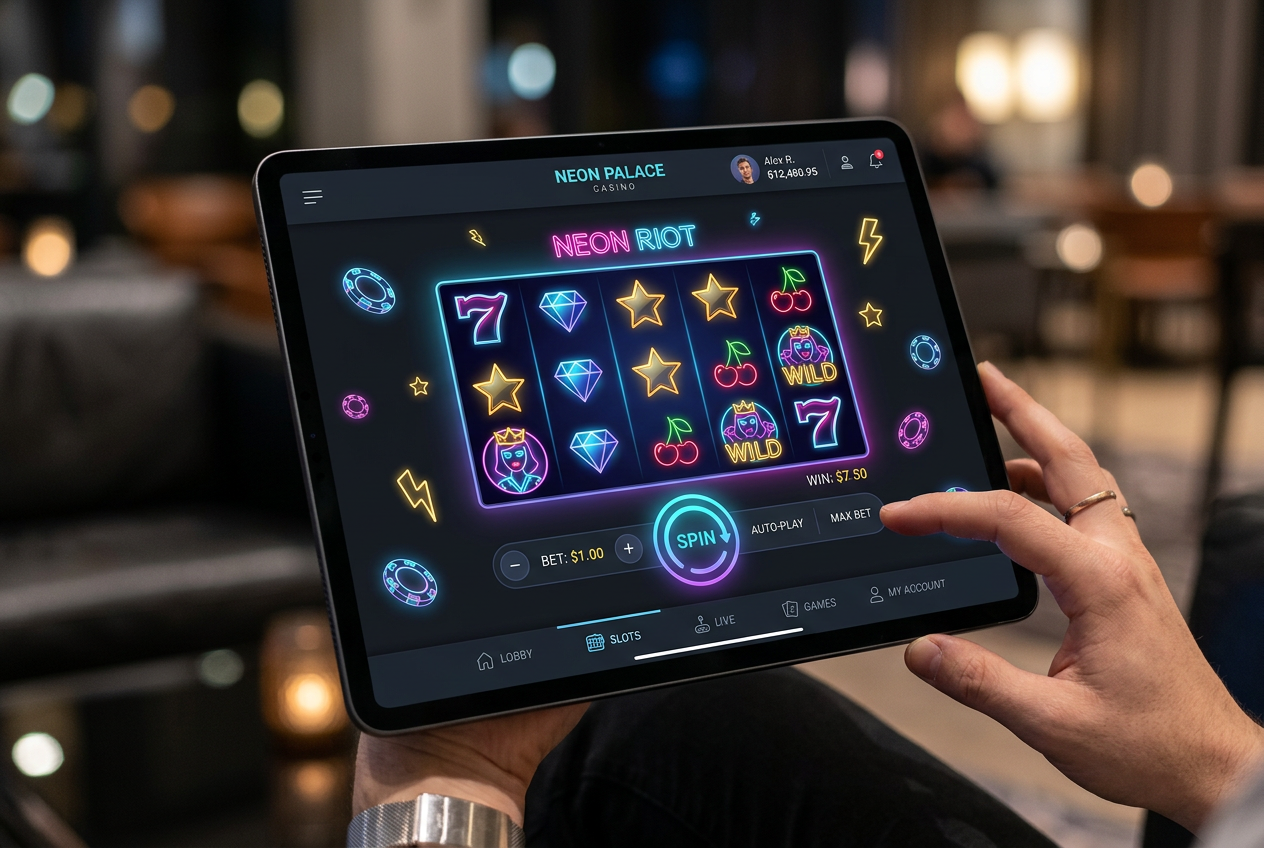 Nowoczesny interfejs mobilnego kasyna online z płynną nawigacją i ciemnym motywem