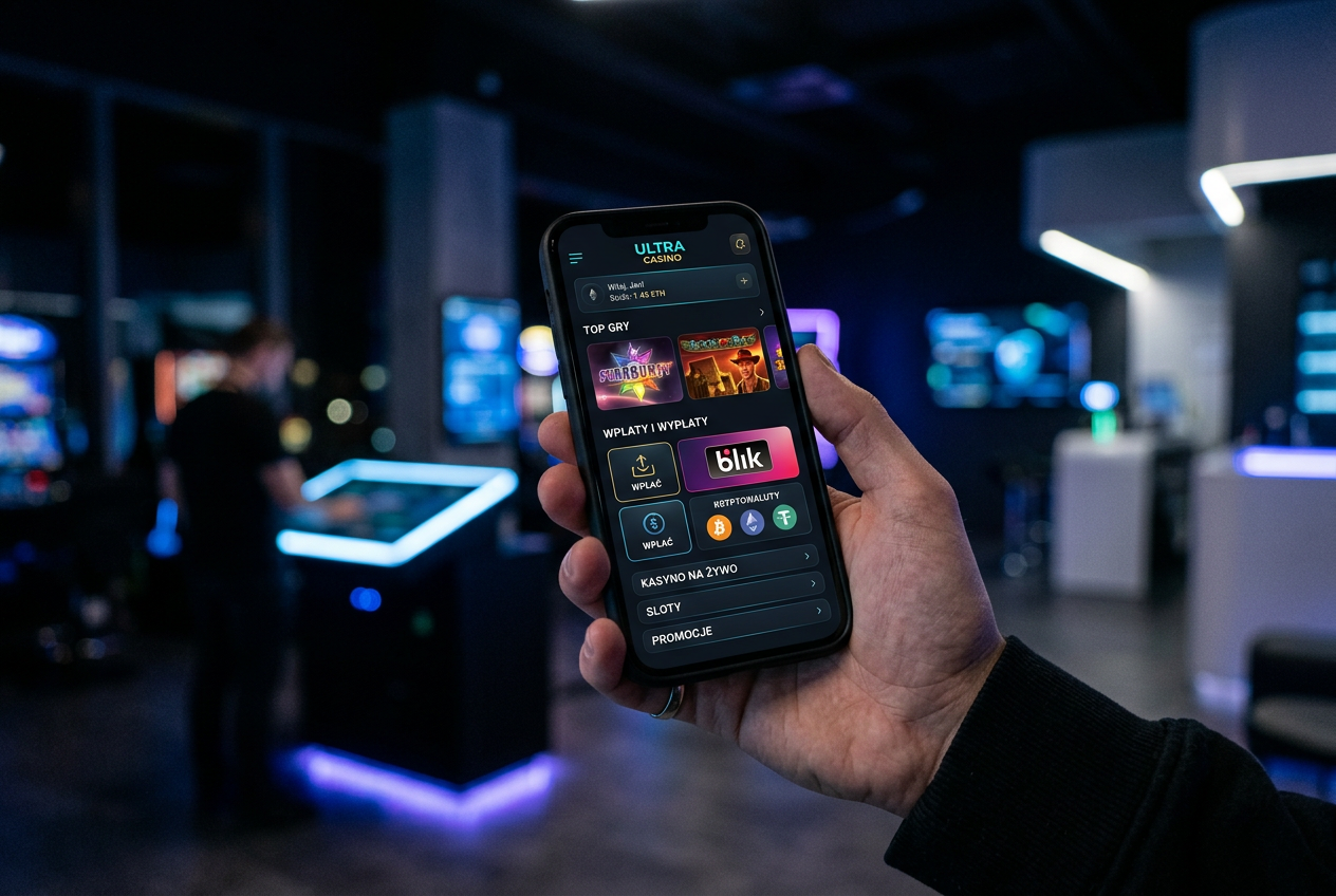 Nowoczesny interfejs kasyna online na smartfonie z widocznymi ikonami BLIK i krypto