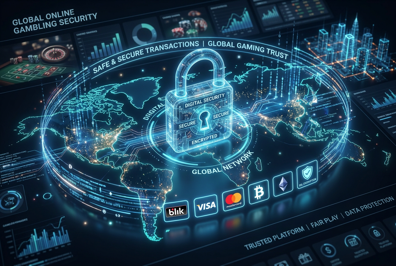 Symboliczna tarcza bezpieczeństwa i ikony ochrony danych w kontekście legalnych kasyn online