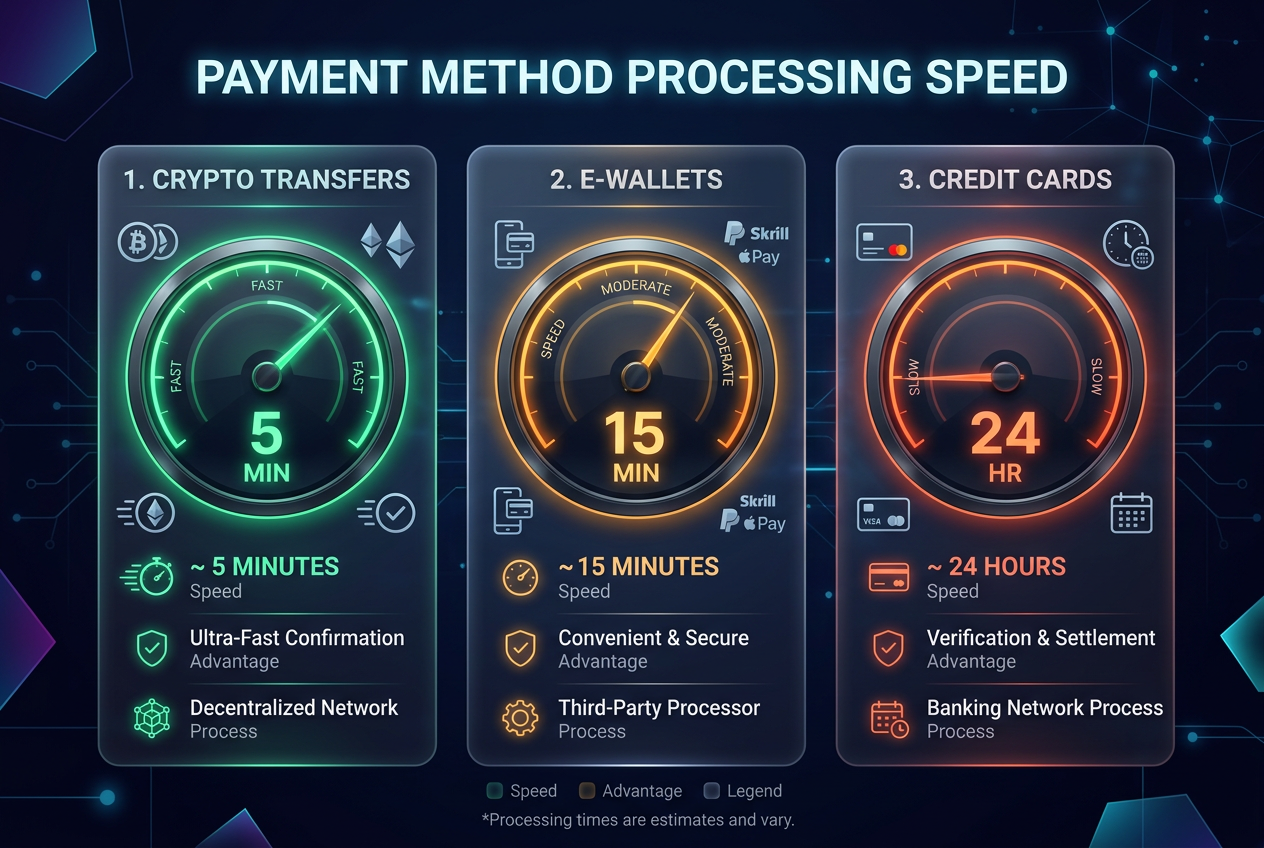 Infografika porównująca szybkość wypłat w kasynach online 2026 dla kryptowalut, e-portfeli i kart płatniczych